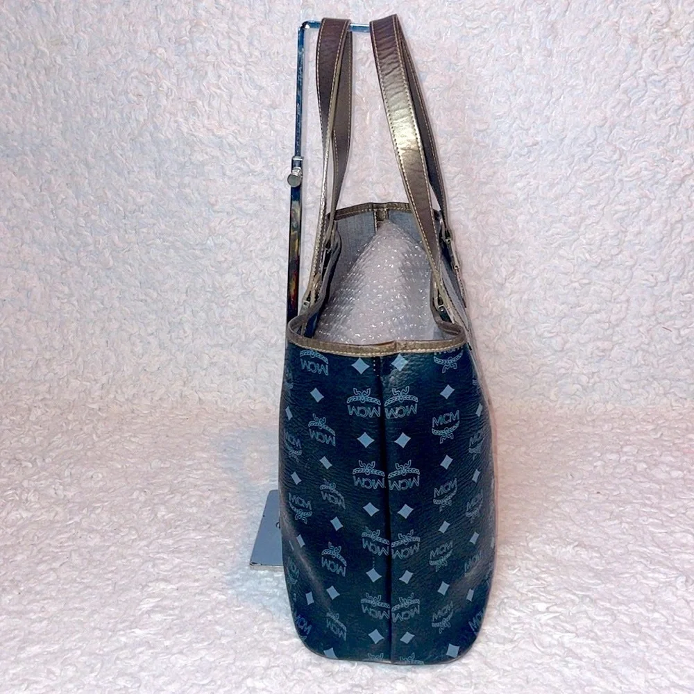 MCM Visetos Monogram Princess Lion Snakeskin Stripe Shoulder Bag Tote in Black - Picture 7 of 17